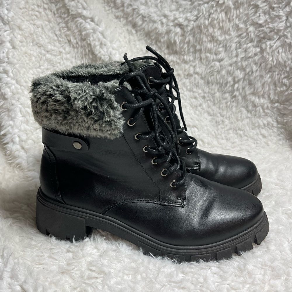 Wanted black synthetic leather combat boots with gray faux fur accents size 10